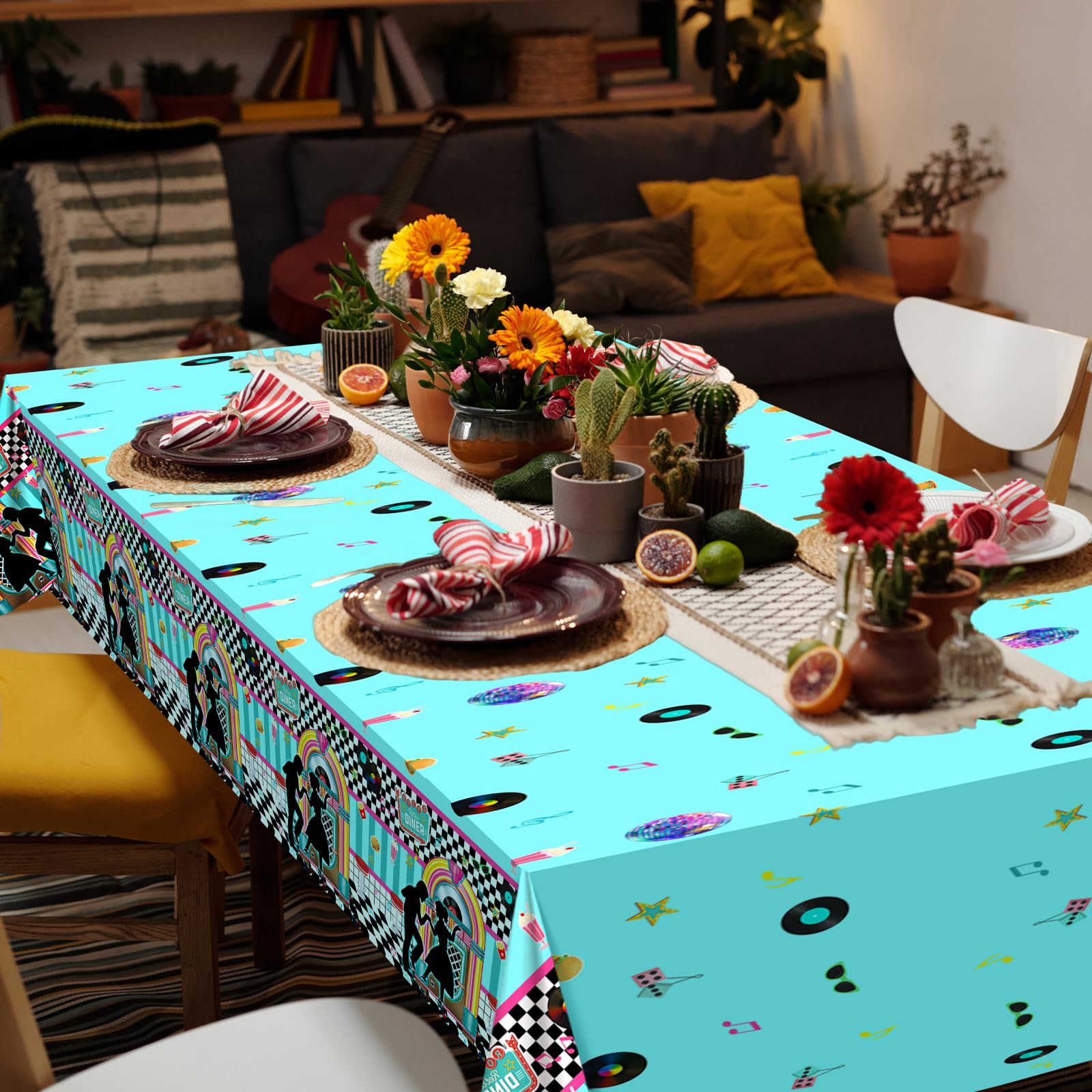 Avezano 3 Pack Retro 50s Music Tablecloths - 108x54 Inch Plastic Party Cover