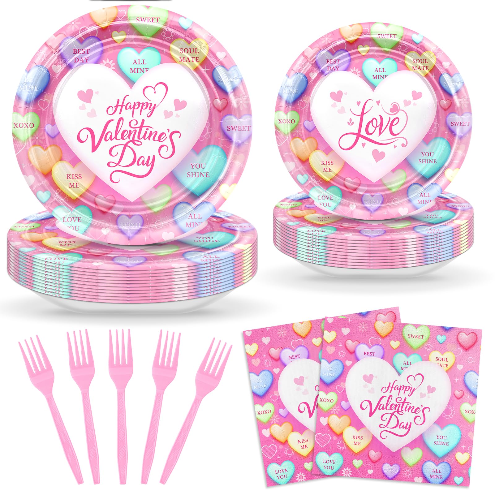 Avezano 96-Piece Valentine's Day Disposable Plates and Napkins Set – Pink Loveheart Tableware for 24