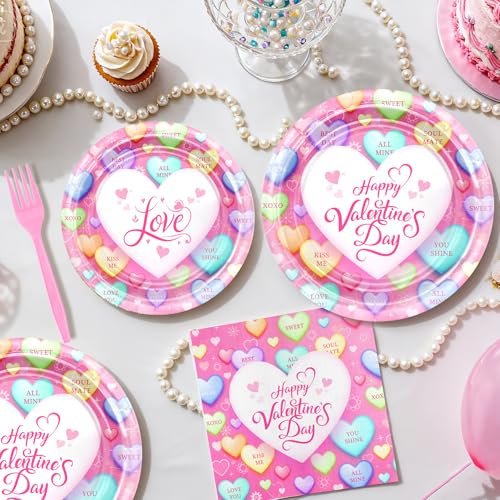 Avezano 96-Piece Valentine's Day Disposable Plates and Napkins Set – Pink Loveheart Tableware for 24