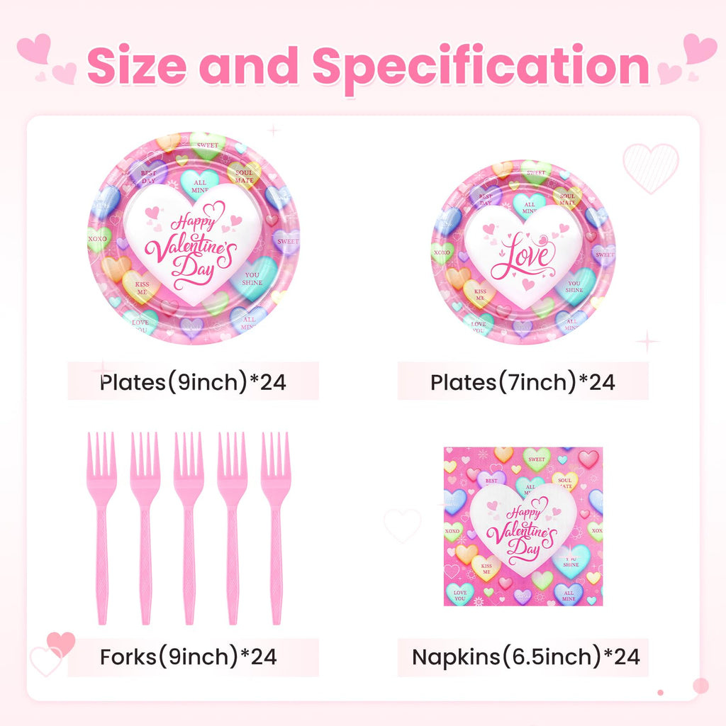 Avezano 96-Piece Valentine's Day Disposable Plates and Napkins Set – Pink Loveheart Tableware for 24