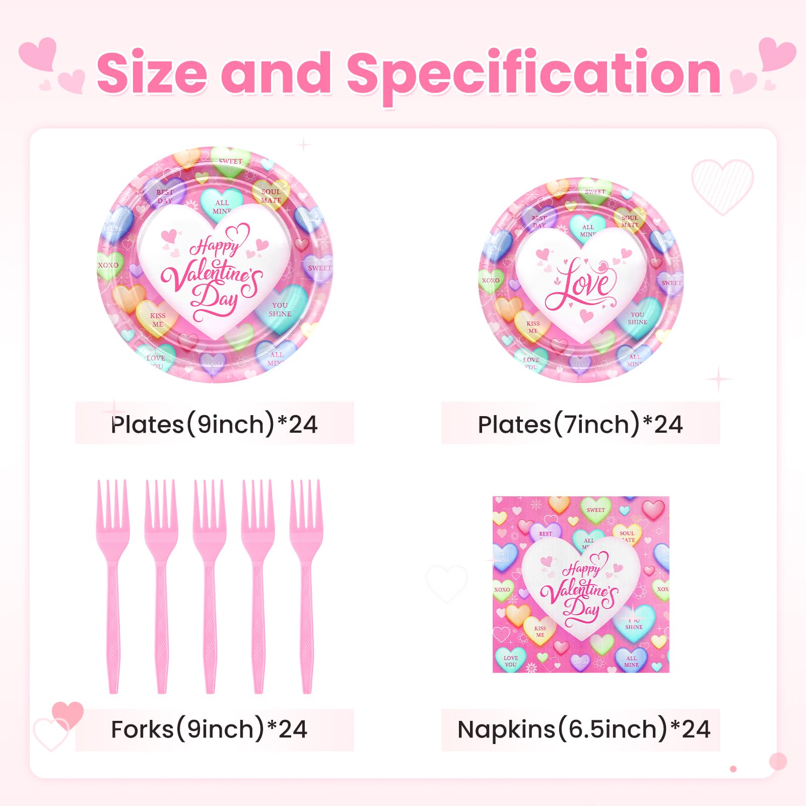 Avezano 96-Piece Valentine's Day Disposable Plates and Napkins Set – Pink Loveheart Tableware for 24
