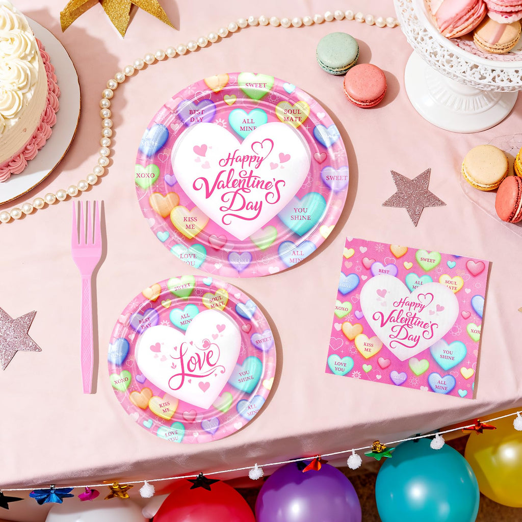 Avezano 96-Piece Valentine's Day Disposable Plates and Napkins Set – Pink Loveheart Tableware for 24