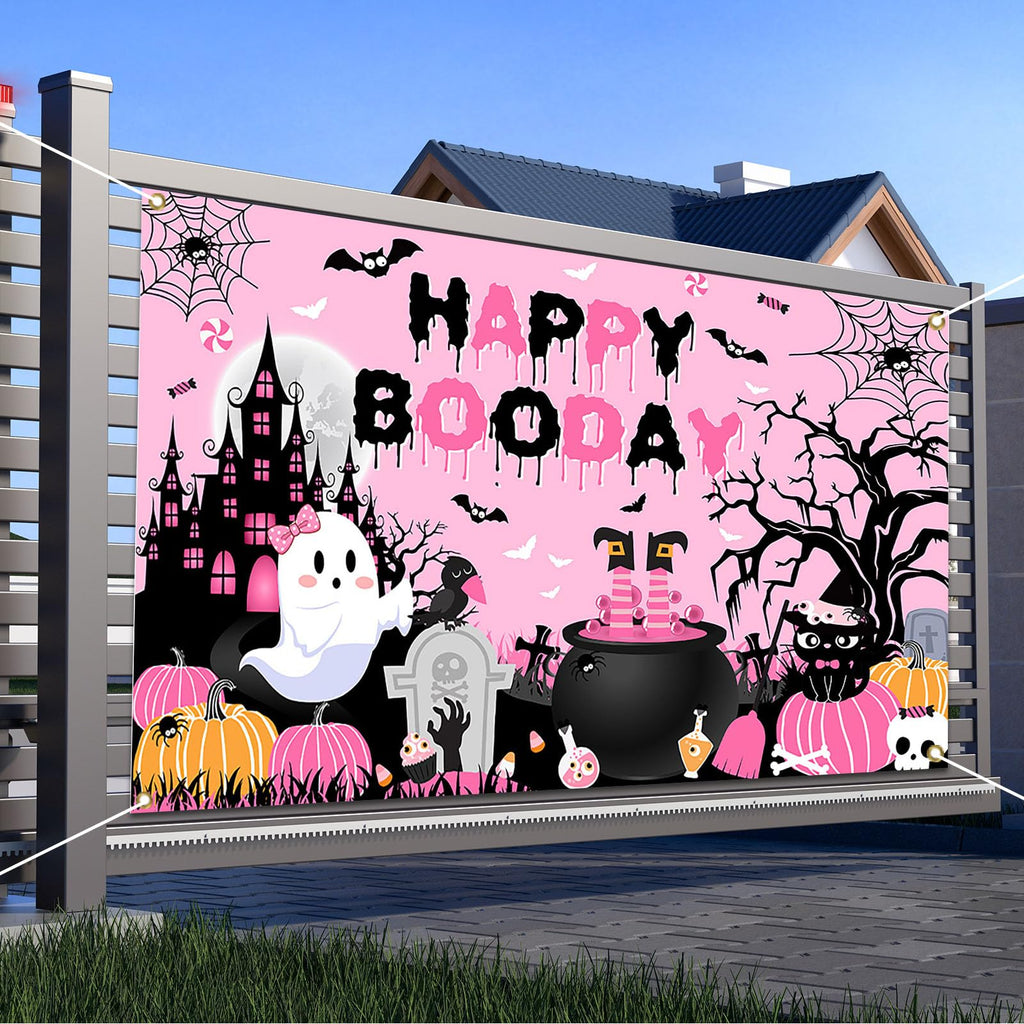 Avezano Happy Boo Day Pink Halloween Birthday Backdrop Banner - 70.8x43.3 Inch Polyester Decor