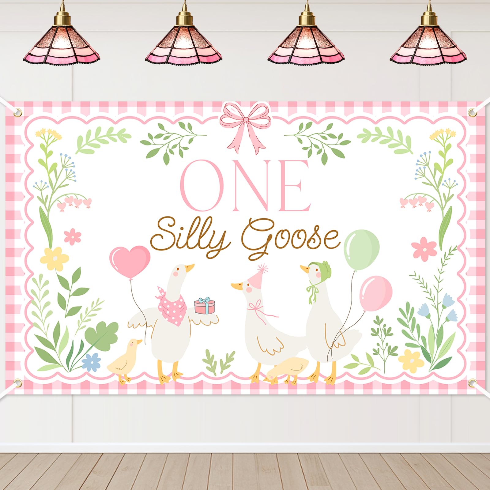 Avezano Pink One Silly Goose Backdrop Banner – 6x3.6 ft Polyester Farm Animal 1st Birthday Party Decor