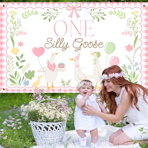 Avezano Pink One Silly Goose Backdrop Banner – 6x3.6 ft Polyester Farm Animal 1st Birthday Party Decor