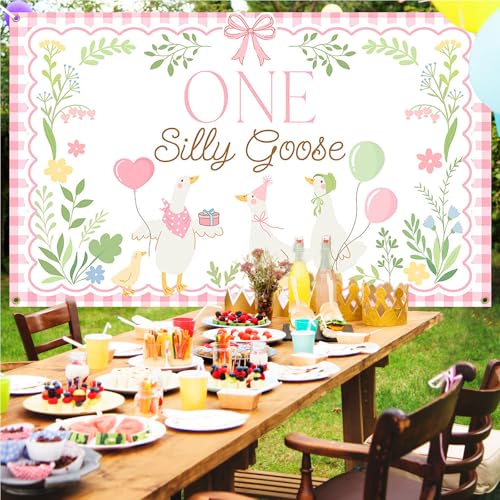 Avezano Pink One Silly Goose Backdrop Banner – 6x3.6 ft Polyester Farm Animal 1st Birthday Party Decor
