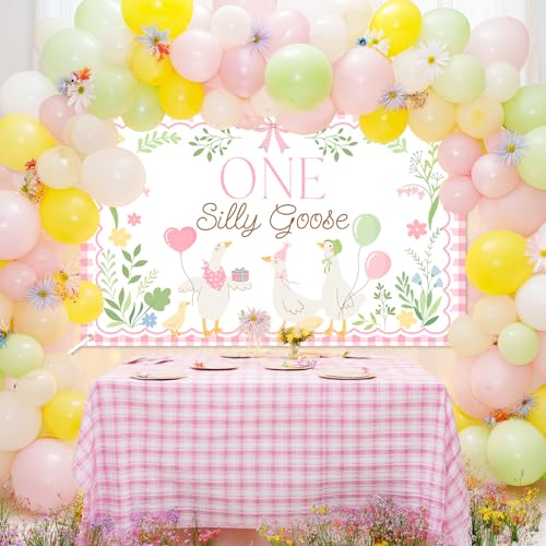 Avezano Pink One Silly Goose Backdrop Banner – 6x3.6 ft Polyester Farm Animal 1st Birthday Party Decor
