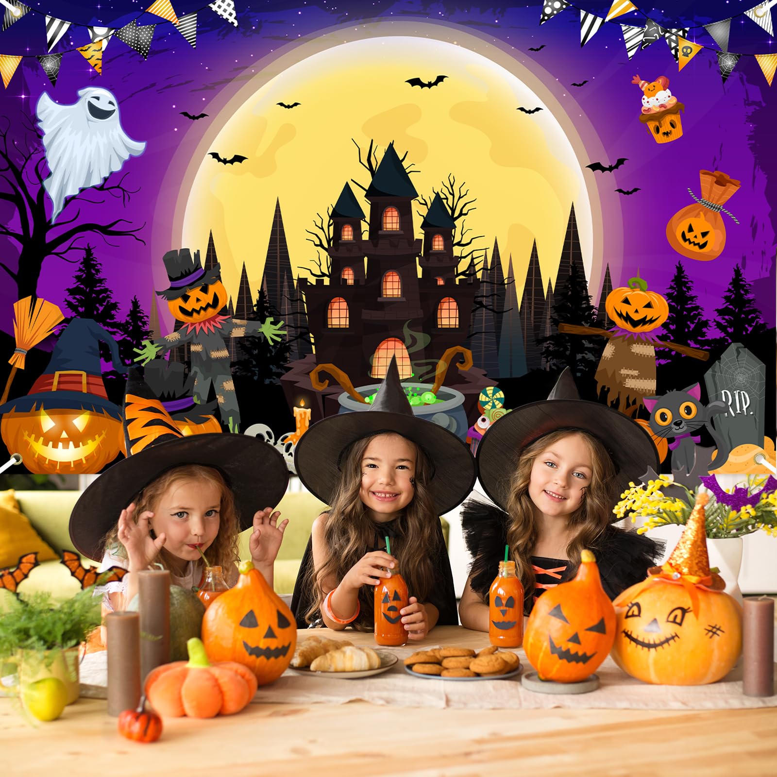 Avezano Purple Halloween Banner 70.8 x 43.3 Inch Trick or Treat Backdrop for Party Decor