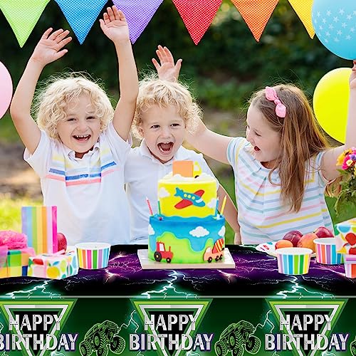 AwserTantue Green & Purple Monster Truck Tablecloth Set (3-Pack) - 54x108 Inch Disposable Rectangular Table Cover for Birthday Parties