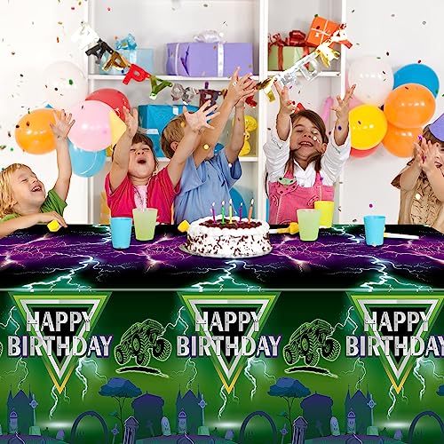 AwserTantue Green & Purple Monster Truck Tablecloth Set (3-Pack) - 54x108 Inch Disposable Rectangular Table Cover for Birthday Parties