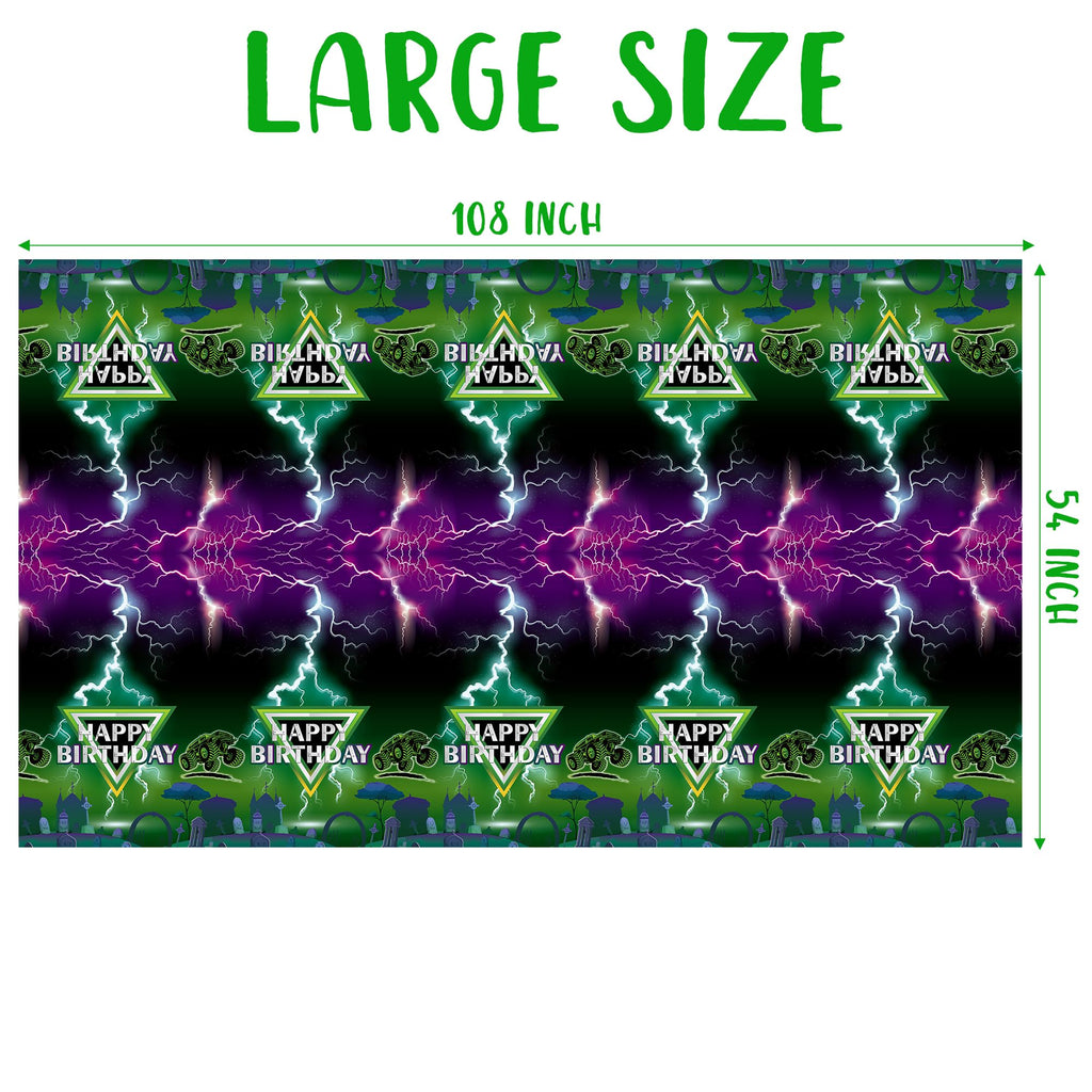 AwserTantue Green & Purple Monster Truck Tablecloth Set (3-Pack) - 54x108 Inch Disposable Rectangular Table Cover for Birthday Parties