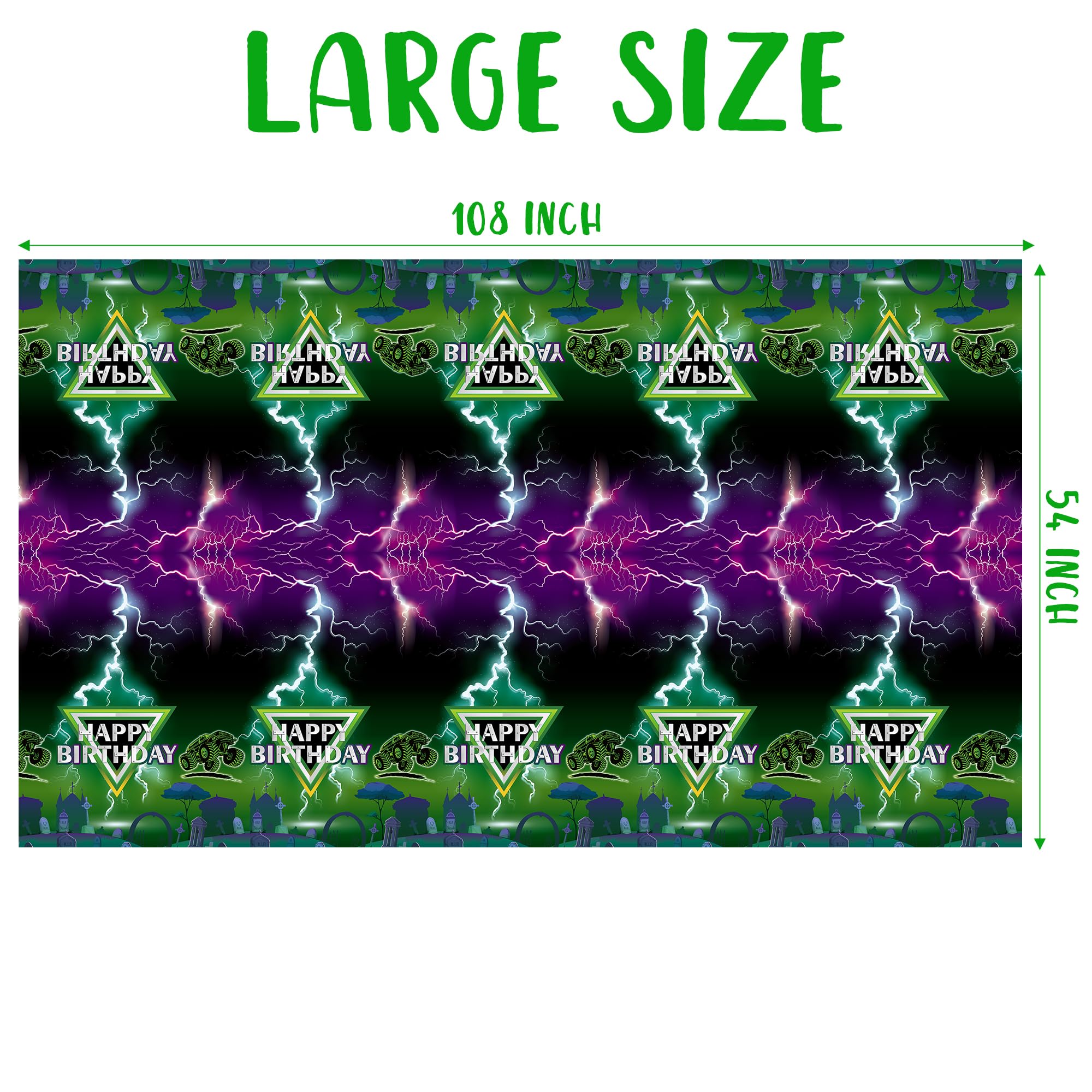 AwserTantue Green & Purple Monster Truck Tablecloth Set (3-Pack) - 54x108 Inch Disposable Rectangular Table Cover for Birthday Parties