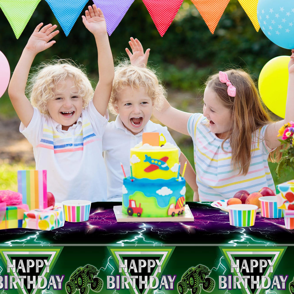 AwserTantue Green & Purple Monster Truck Tablecloth Set (3-Pack) - 54x108 Inch Disposable Rectangular Table Cover for Birthday Parties