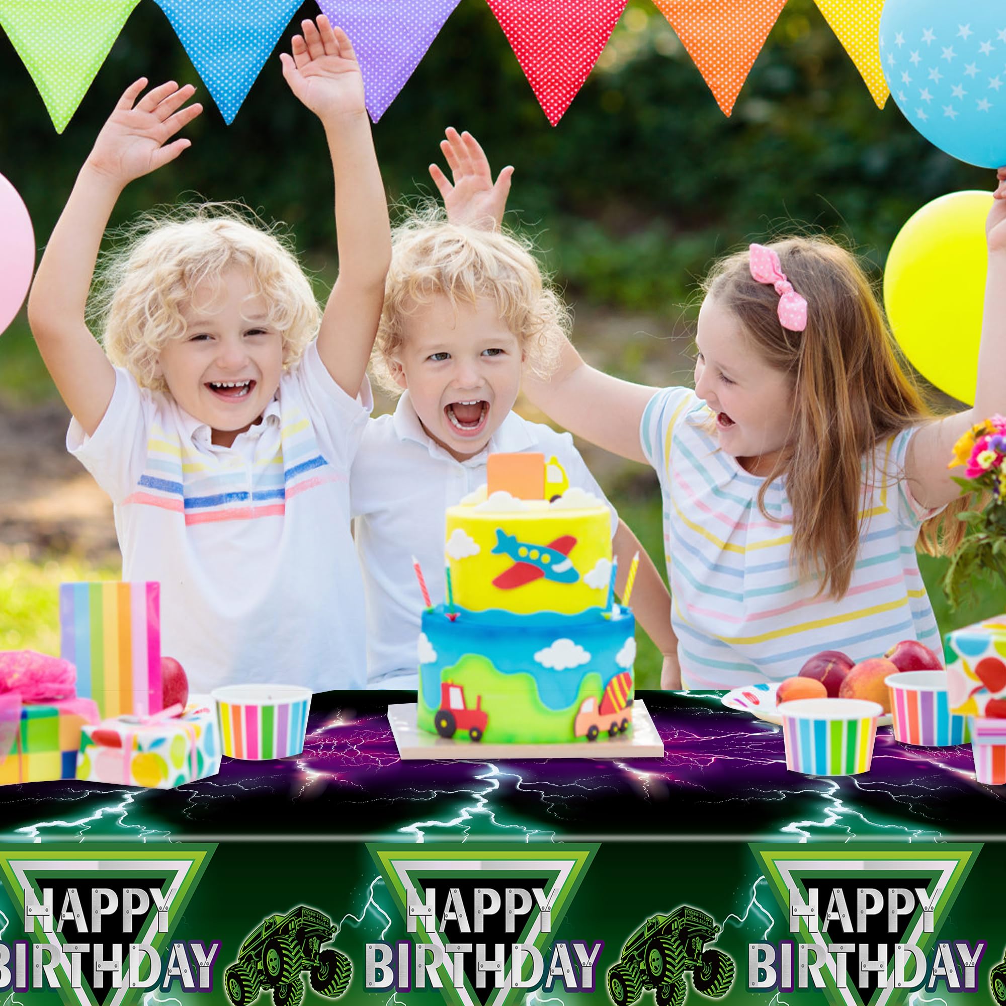 AwserTantue Green & Purple Monster Truck Tablecloth Set (3-Pack) - 54x108 Inch Disposable Rectangular Table Cover for Birthday Parties