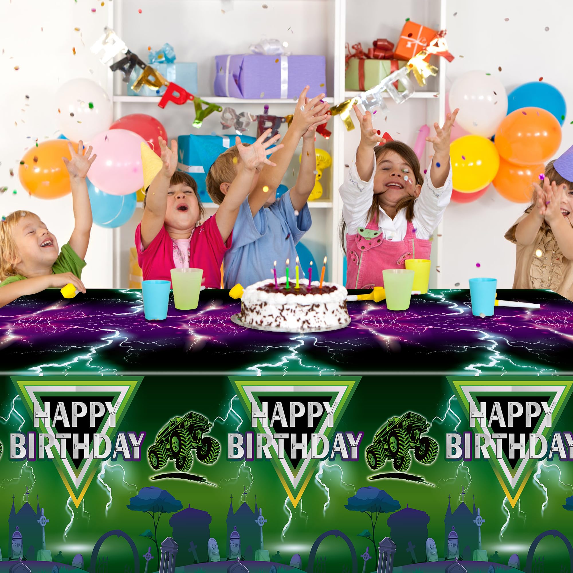 AwserTantue Green & Purple Monster Truck Tablecloth Set (3-Pack) - 54x108 Inch Disposable Rectangular Table Cover for Birthday Parties