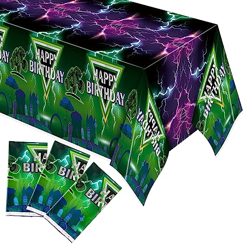 AwserTantue Green & Purple Monster Truck Tablecloth Set (3-Pack) - 54x108 Inch Disposable Rectangular Table Cover for Birthday Parties