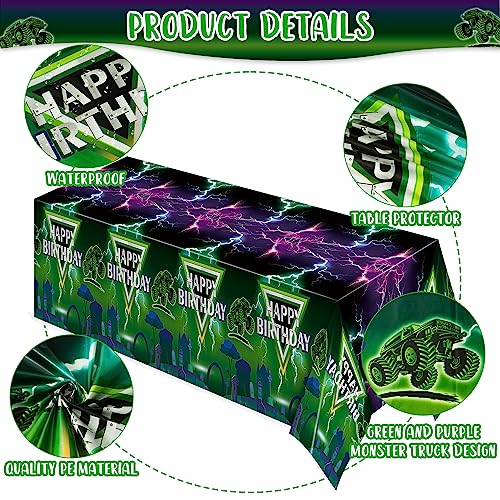AwserTantue Green & Purple Monster Truck Tablecloth Set (3-Pack) - 54x108 Inch Disposable Rectangular Table Cover for Birthday Parties