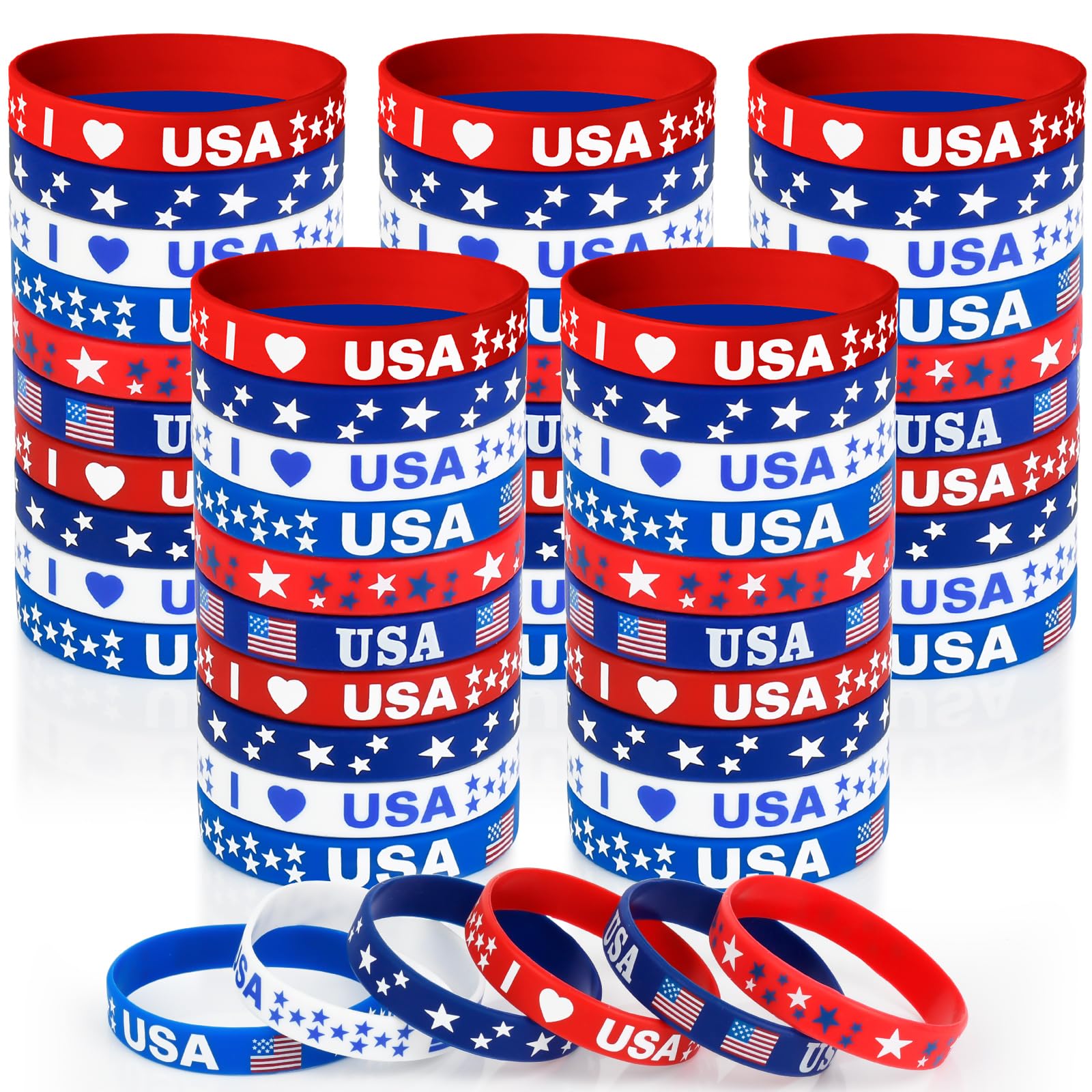AXBMM 60-Pack Patriotic Silicone Bracelets - USA Flag Red White Blue Wristbands for 4th of July, Memorial Day, Veterans Day