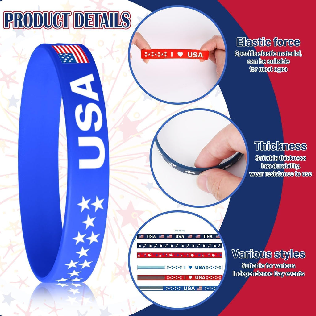 AXBMM 60-Pack Patriotic Silicone Bracelets - USA Flag Red White Blue Wristbands for 4th of July, Memorial Day, Veterans Day