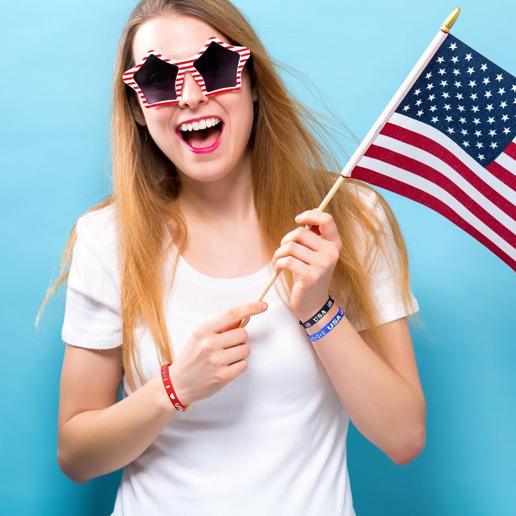 AXBMM 60-Pack Patriotic Silicone Bracelets - USA Flag Red White Blue Wristbands for 4th of July, Memorial Day, Veterans Day