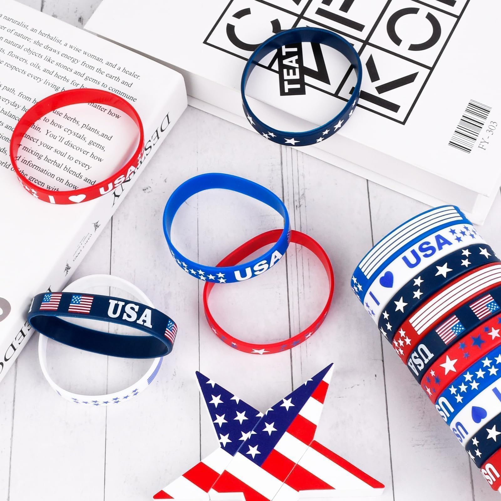 AXBMM 60-Pack Patriotic Silicone Bracelets - USA Flag Red White Blue Wristbands for 4th of July, Memorial Day, Veterans Day