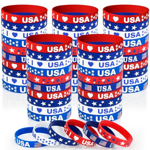 AXBMM 60-Pack Patriotic Silicone Bracelets - USA Flag Red White Blue Wristbands for 4th of July, Memorial Day, Veterans Day