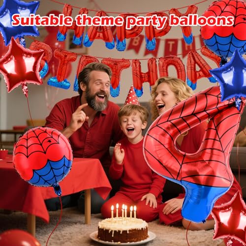 AXBMM Spider Superhero Birthday Party Decorations Set - 40-Inch Number 4 Foil Balloon, Banner, Backdrop for 4th Birthday Boys