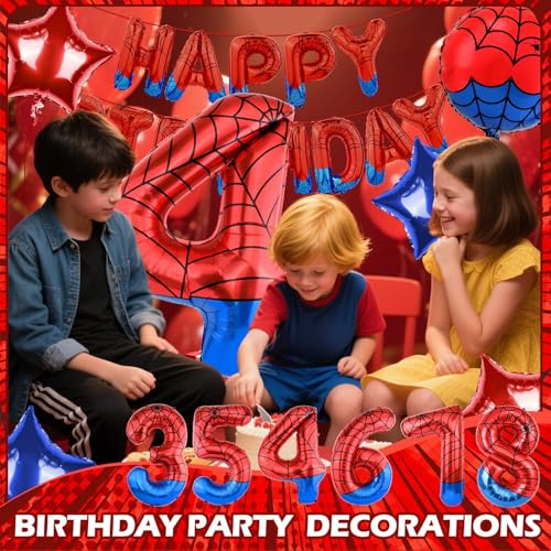 AXBMM Spider Superhero Birthday Party Decorations Set - 40-Inch Number 4 Foil Balloon, Banner, Backdrop for 4th Birthday Boys