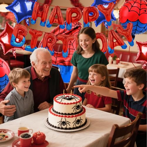AXBMM Spider Superhero Birthday Party Decorations Set - 40-Inch Number 4 Foil Balloon, Banner, Backdrop for 4th Birthday Boys