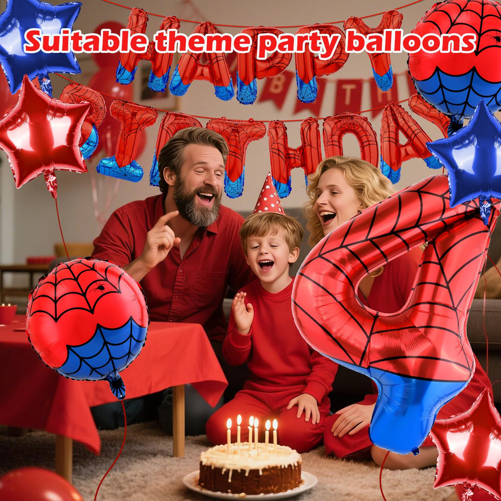 AXBMM Spider Superhero Birthday Party Decorations Set - 40-Inch Number 4 Foil Balloon, Banner, Backdrop for 4th Birthday Boys