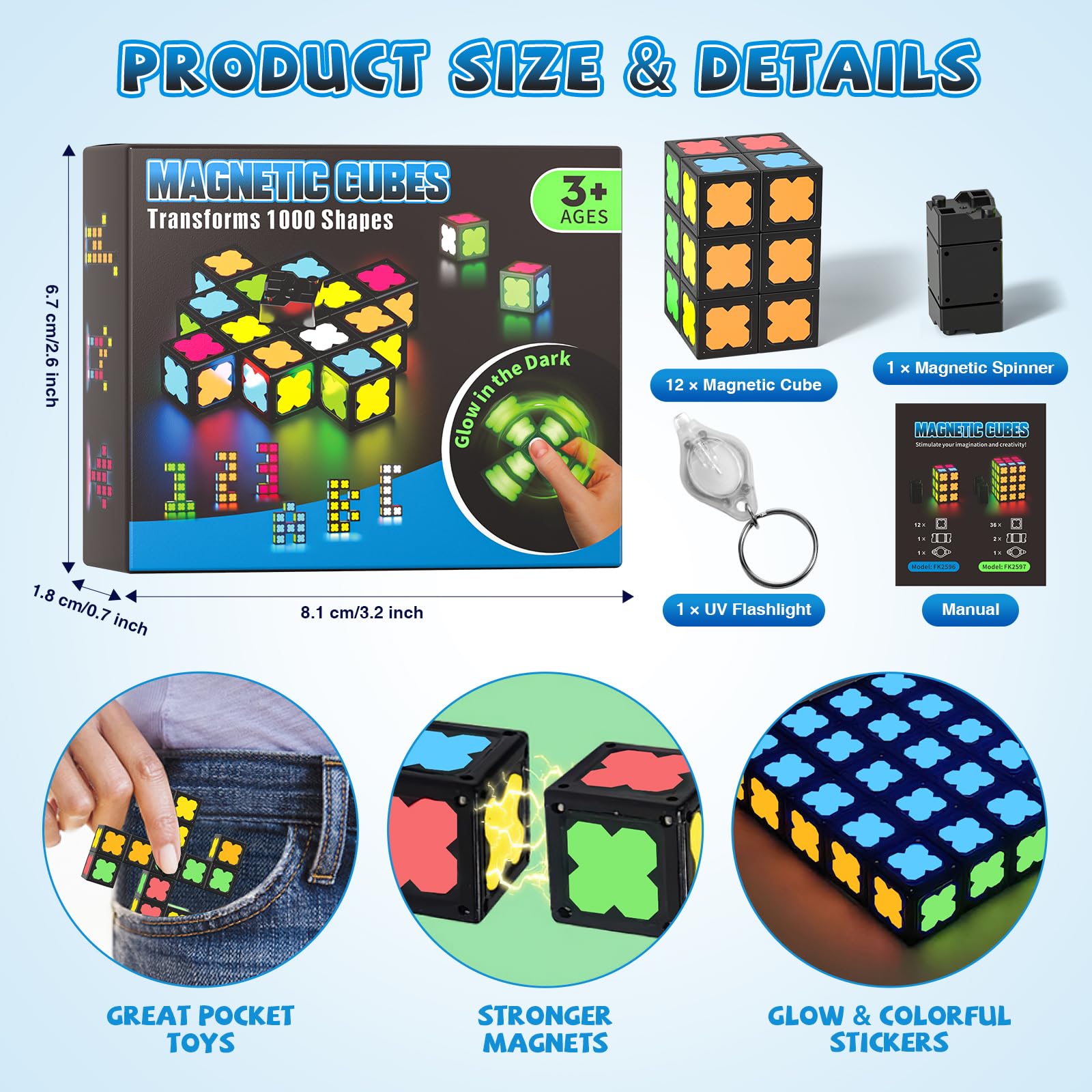 Axirata 4-in-1 Magnetic Fidget Spinner Cube Set – Glow-in-the-Dark Transformable Blocks for Stress Relief & Sensory Play