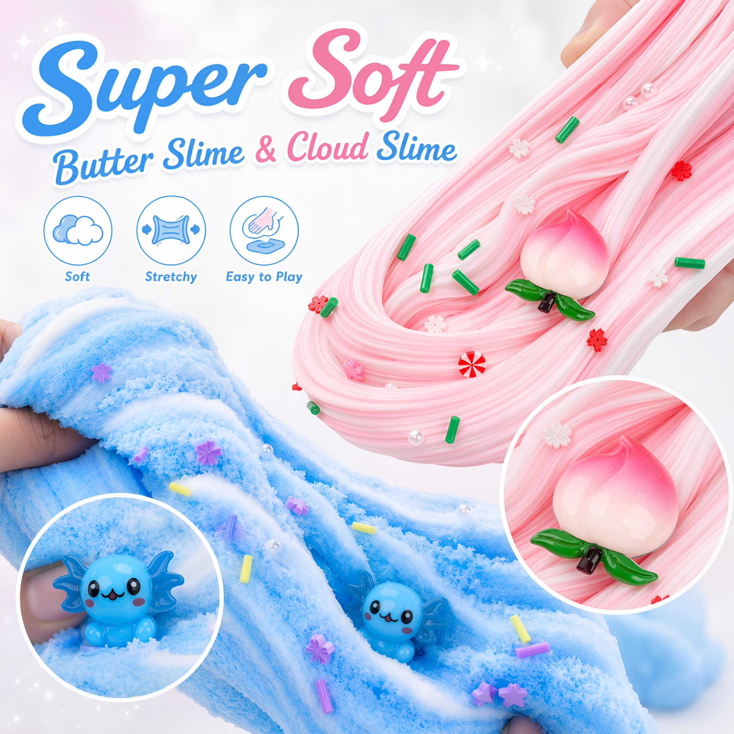 Axolotl Cloud Slime and Peach Butter Slime Kit with Charms – Non-Stick Stress Relief Toy for Kids