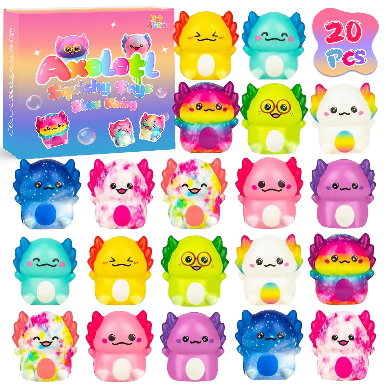 Axolotl Slow Rising Squishy Toys - 20 Pack - Cute Party Favors & Classroom Prizes