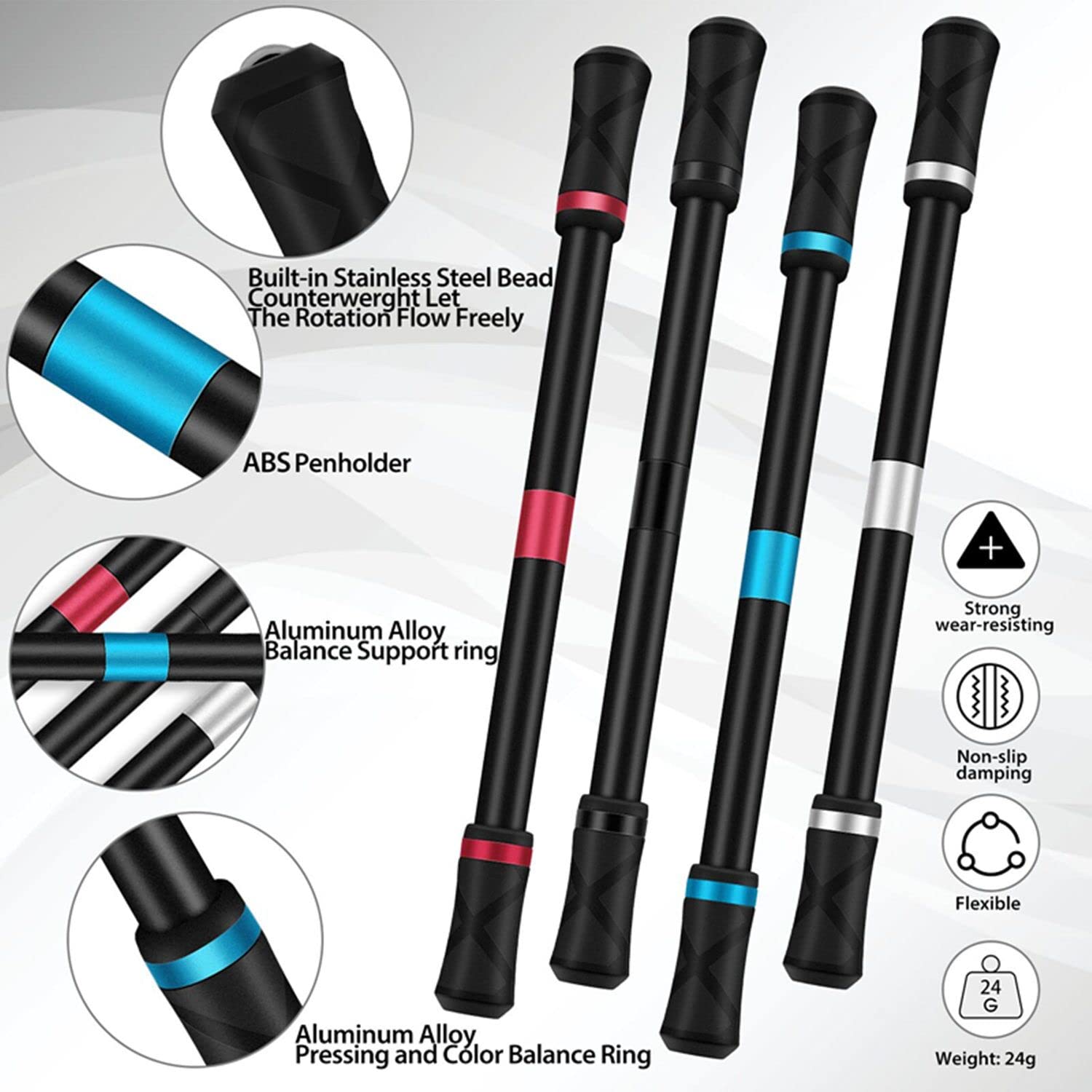 AYXXZJD Pen Spinning Set - 4 Modular Spinner Pens with Weighted Balance, ABS Barrel, and Tutorial (Silver, Black, Red, Blue)