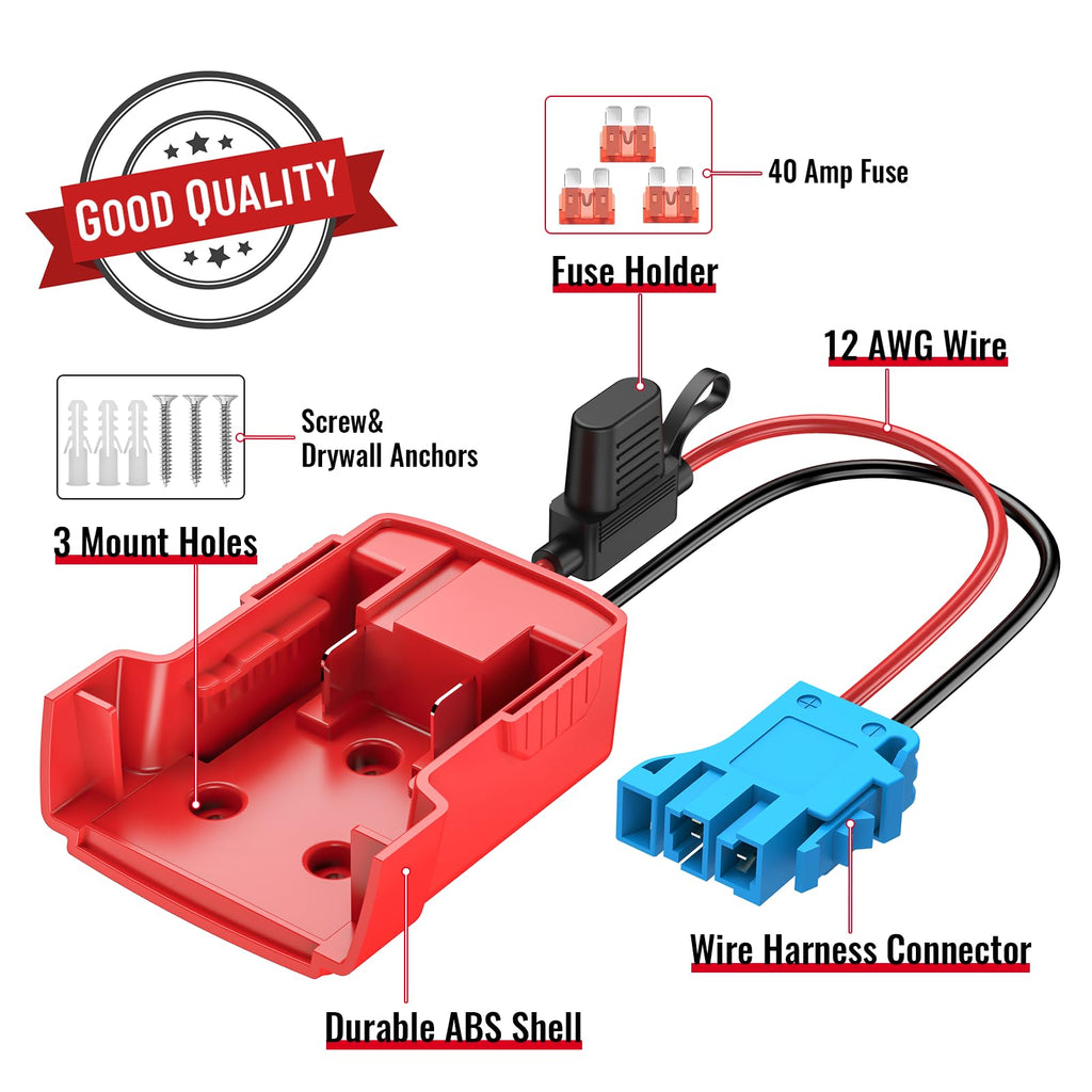 Azocek Power Wheel Adapter for Milwaukee 18V Batteries with Peg-Perego Connector – 12AWG Wire, 40A Fuse