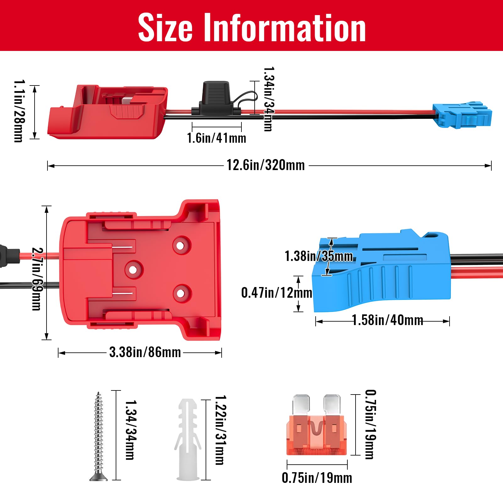 Azocek Power Wheel Adapter for Milwaukee 18V Batteries with Peg-Perego Connector – 12AWG Wire, 40A Fuse