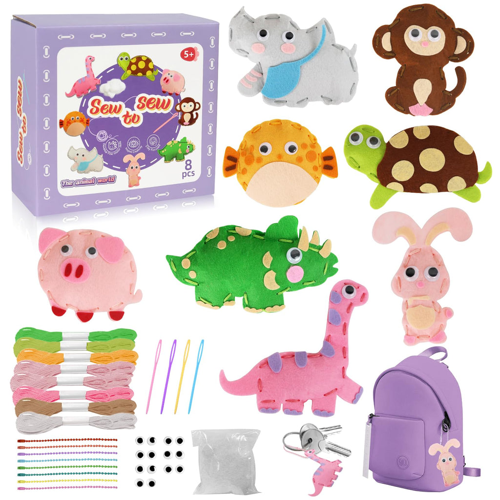 AzReference Kids Sewing Kit for Beginners - Make 8 Stuffed Animals (Rabbit, Dinosaur, More) - Safe Felt Craft for Ages 5-12