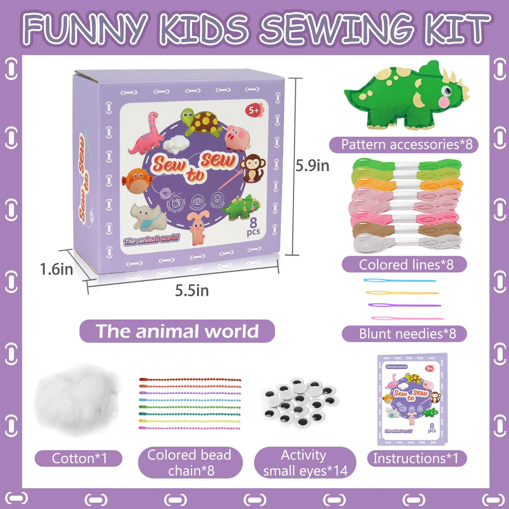 AzReference Kids Sewing Kit for Beginners - Make 8 Stuffed Animals (Rabbit, Dinosaur, More) - Safe Felt Craft for Ages 5-12