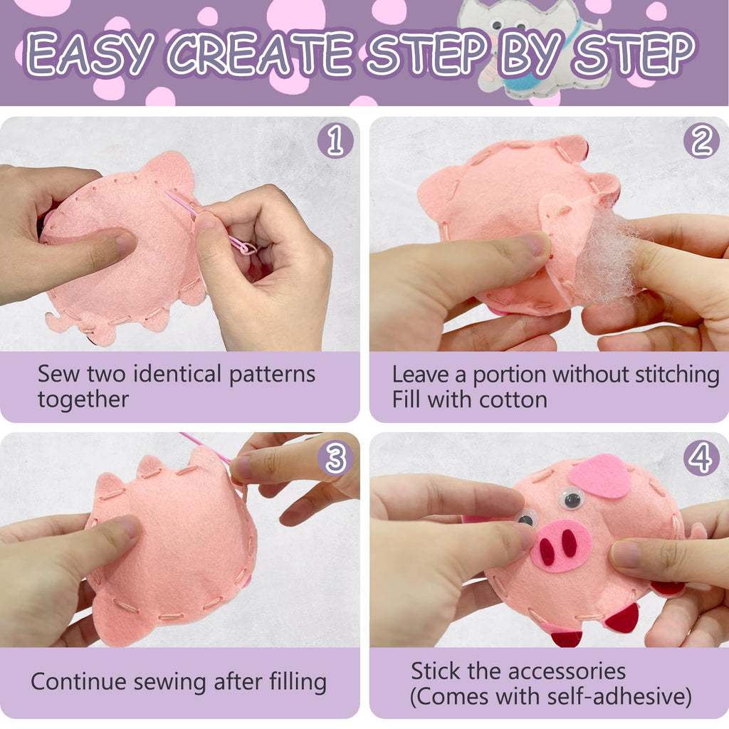 AzReference Kids Sewing Kit for Beginners - Make 8 Stuffed Animals (Rabbit, Dinosaur, More) - Safe Felt Craft for Ages 5-12