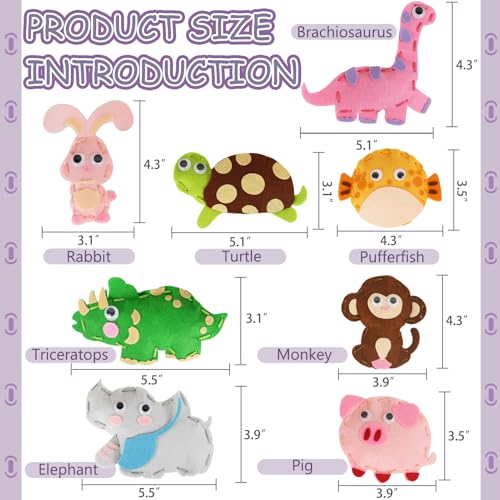 AzReference Kids Sewing Kit for Beginners - Make 8 Stuffed Animals (Rabbit, Dinosaur, More) - Safe Felt Craft for Ages 5-12
