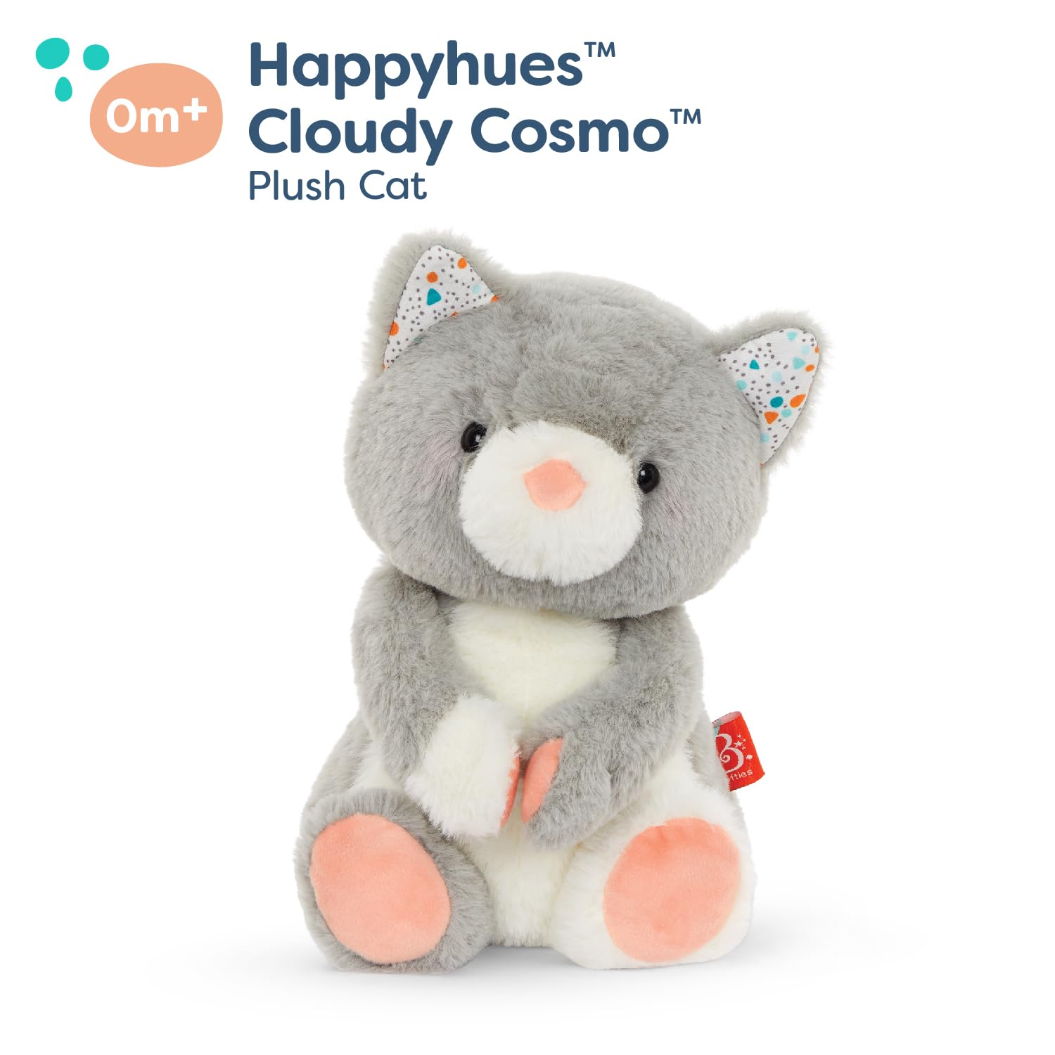 B. toys Cloudy Cosmo Plush Cat – 12-Inch Soft Stuffed Animal, Gray & White, Machine Washable