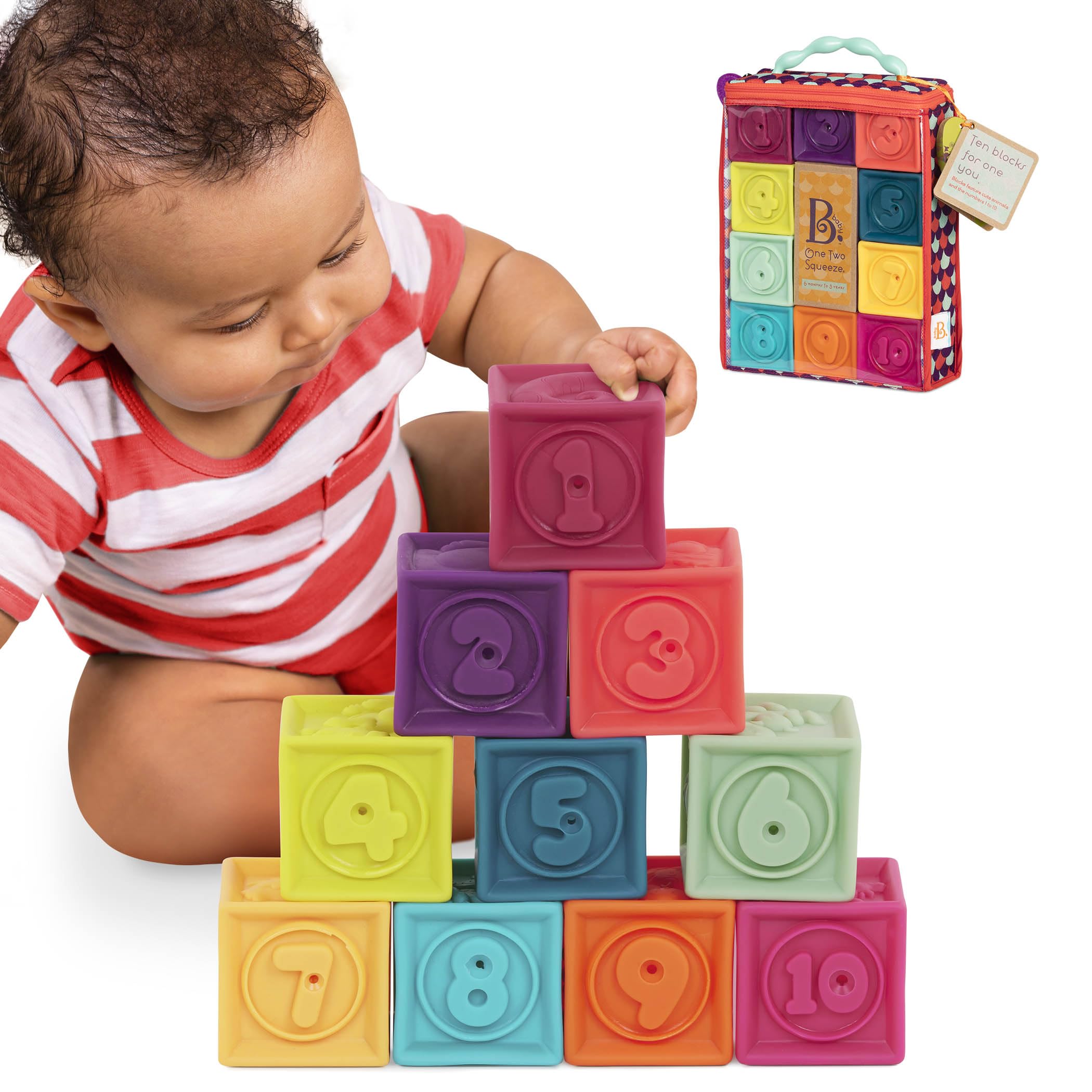 B. Toys One Two Squeeze Baby Blocks – 10 Soft Stacking & Building Blocks for Sensory Development