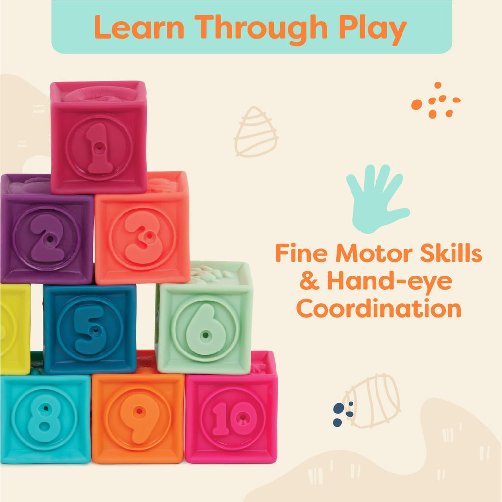 B. Toys One Two Squeeze Baby Blocks – 10 Soft Stacking & Building Blocks for Sensory Development