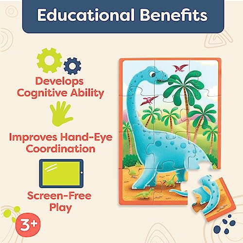 B. toys Pack o' Puzzles: 4 Wooden Dinosaur Jigsaw Puzzles for Kids Ages 3+