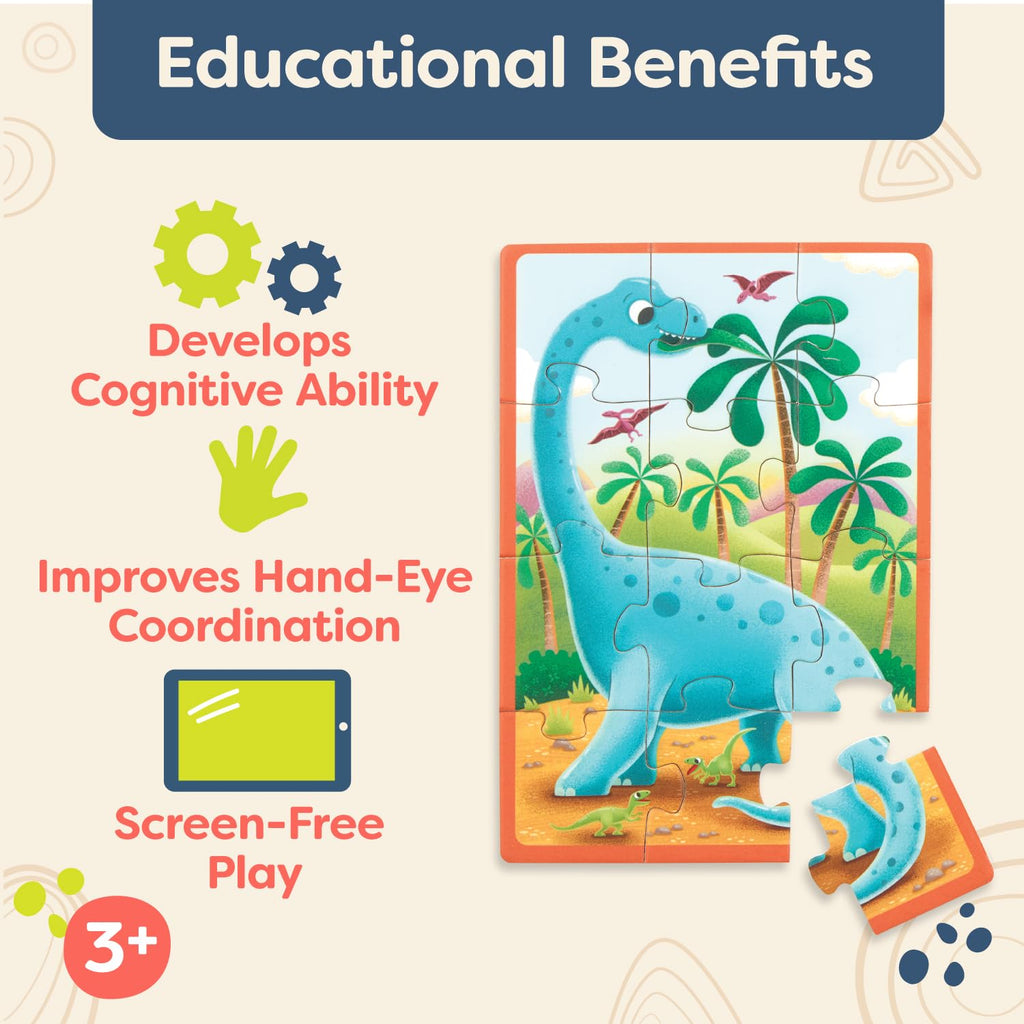 B. toys Pack o' Puzzles: 4 Wooden Dinosaur Jigsaw Puzzles for Kids Ages 3+