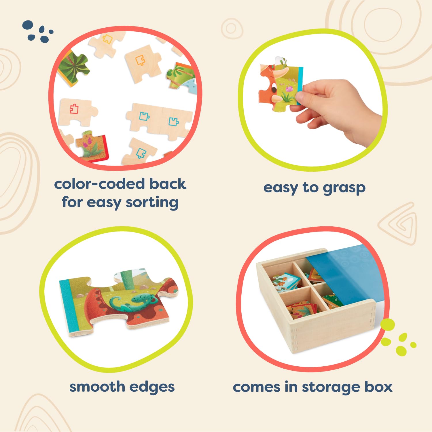 B. toys Pack o' Puzzles: 4 Wooden Dinosaur Jigsaw Puzzles for Kids Ages 3+