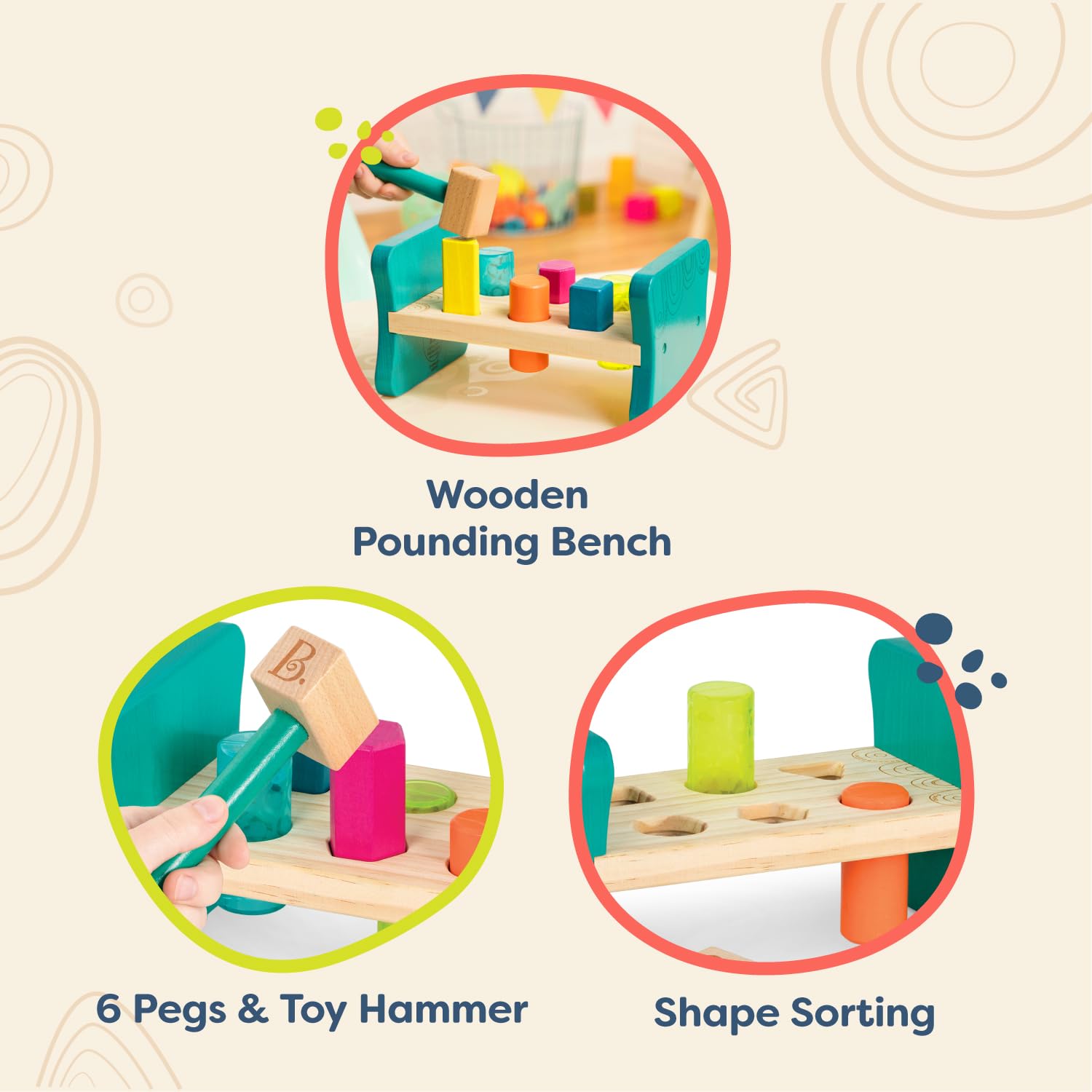 B. toys Wooden Shape Sorter and Pounding Bench – Colorful Pound & Play for Toddlers 2+