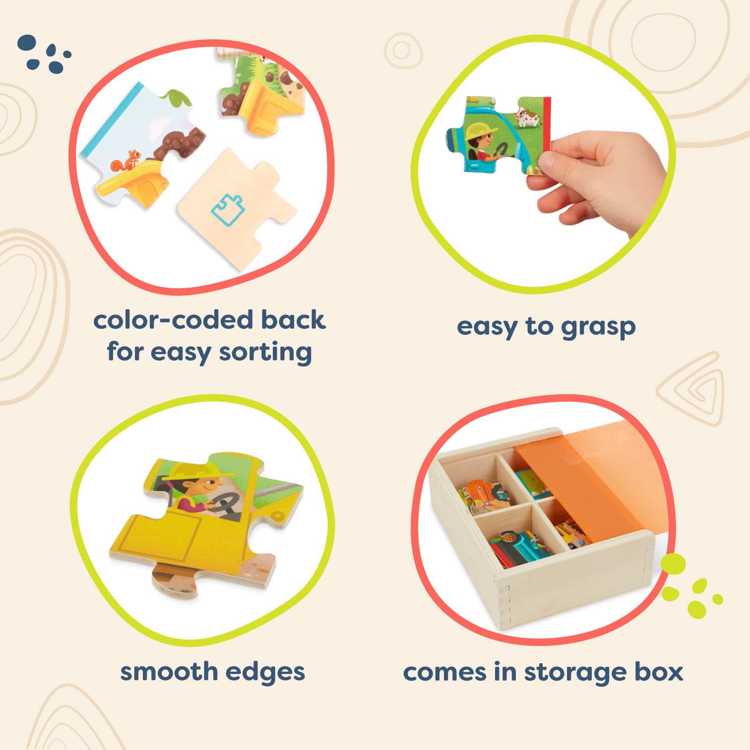 B. toys Wooden Truck Puzzles Set – 4 Jigsaw Puzzles for Kids Ages 3+
