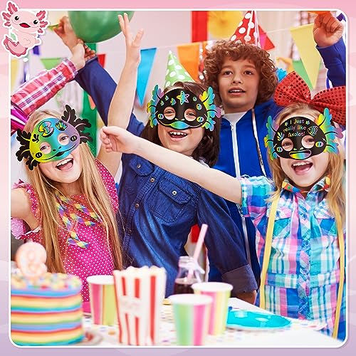 B1ykin 30-Piece Axolotl Scratch Mask Set – DIY Craft Kit for Kids with Wooden Sticks and Elastic Bands