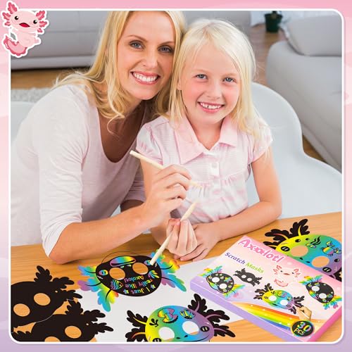 B1ykin 30-Piece Axolotl Scratch Mask Set – DIY Craft Kit for Kids with Wooden Sticks and Elastic Bands